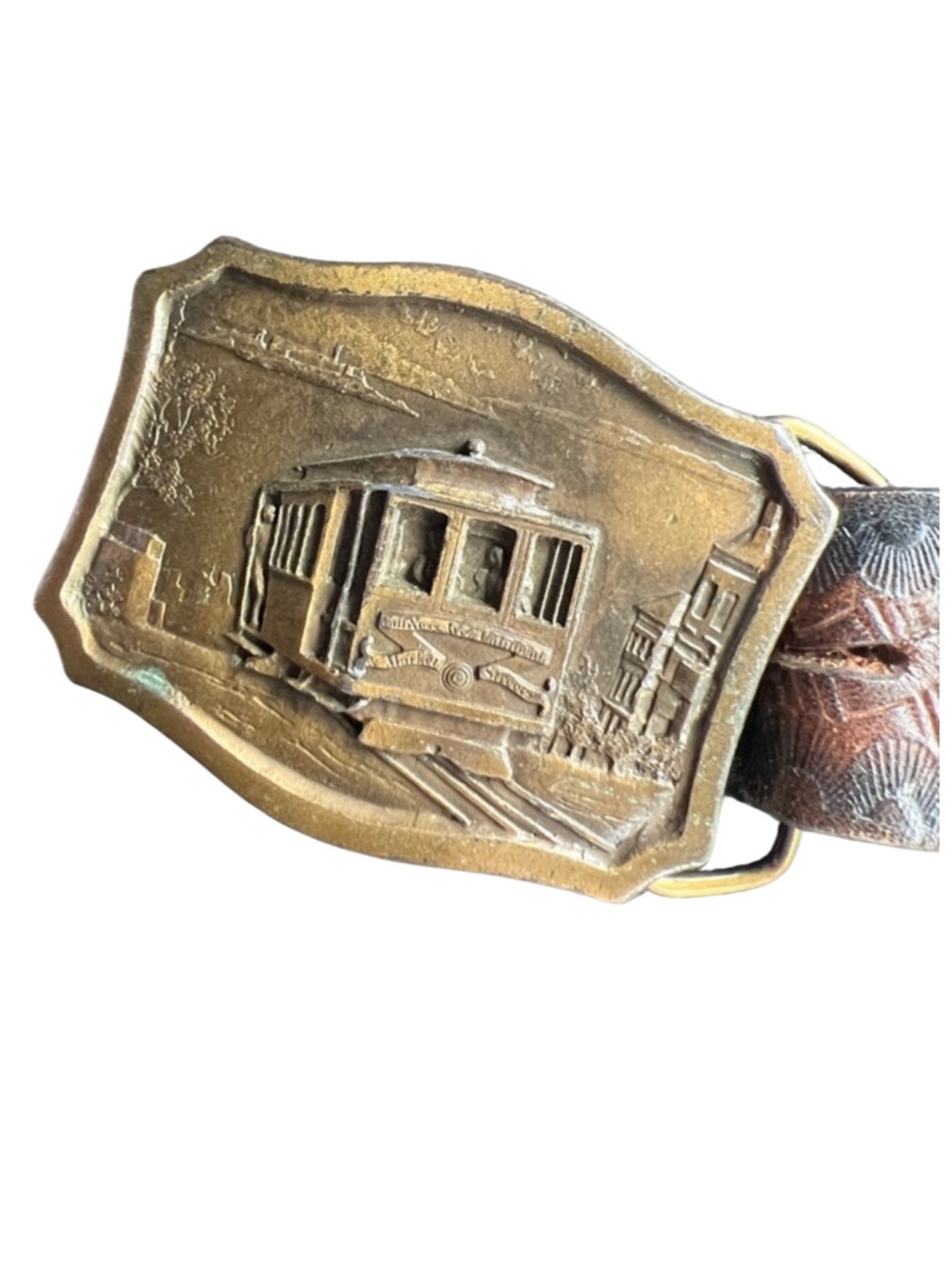 Vintage 1977 Indiana Metal Craft Cable Car Belt Buckle Leather Belt